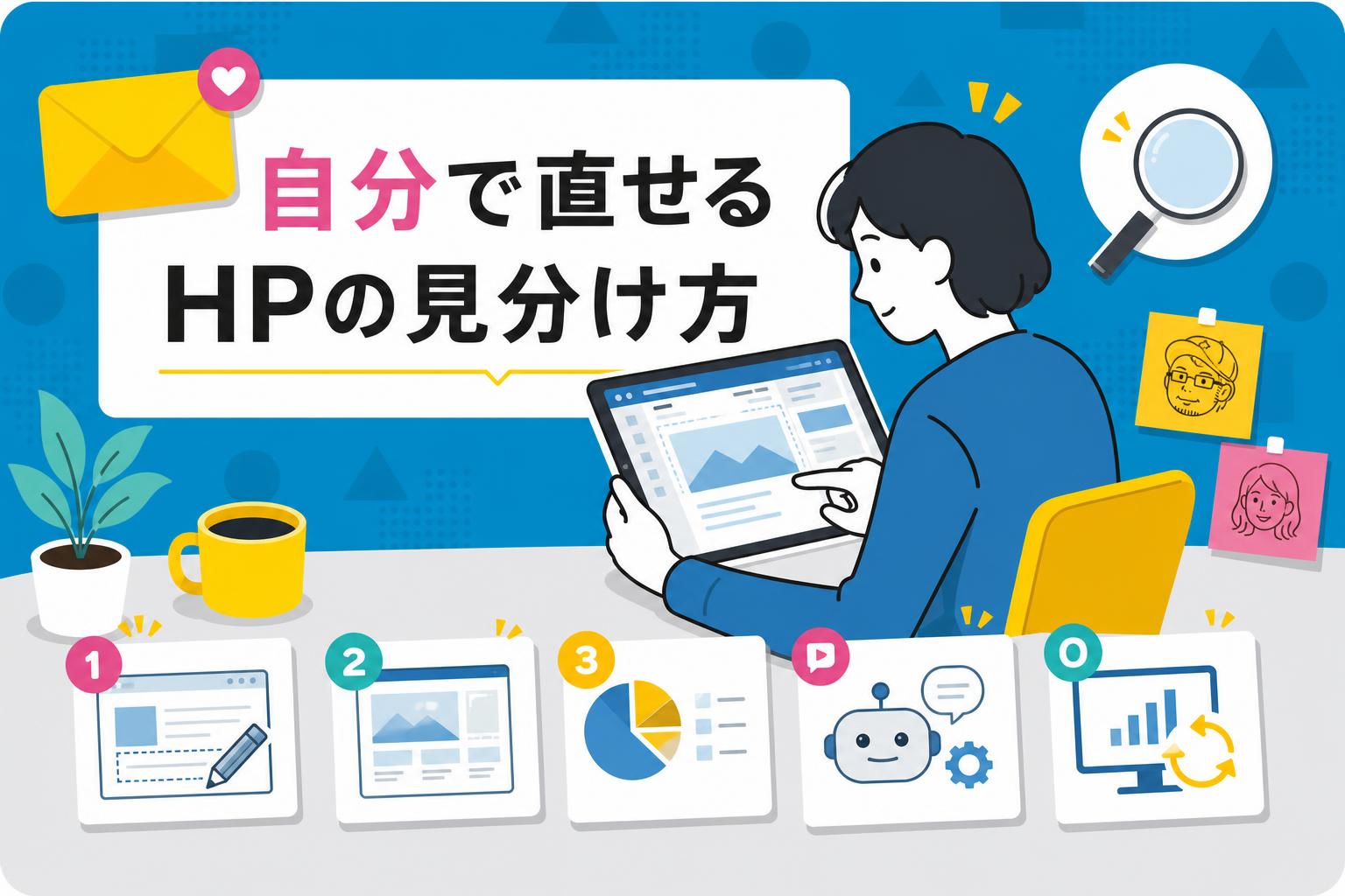 自社で更新できるHPを選ぶ5つのチェック基準（中小企業向け）の内容を図解したカバー画像
